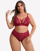 Lace bra and panty set, burgundy with lace cups, strappy cutout front and matching briefs