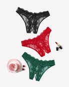 Assorted lace briefs set: black, red, and green floral designs with bow accents