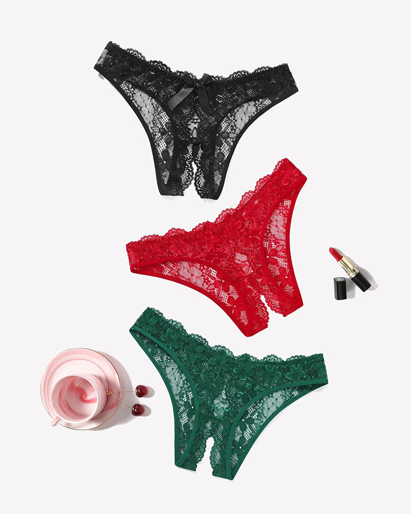 Assorted lace briefs set: black, red, and green floral designs with bow accents