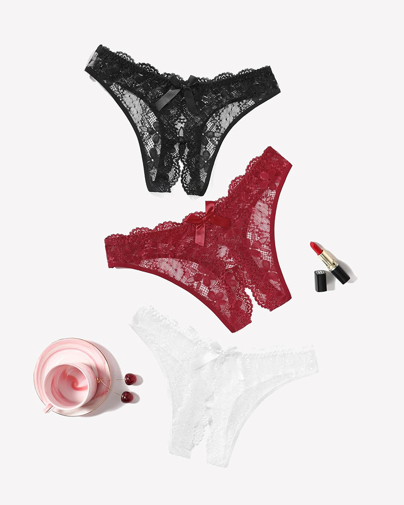 Assorted lace briefs set: black, red, and white floral lace with bow details