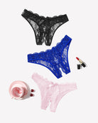 Assorted lace briefs set: black, blue, and pink floral lace with bow accents