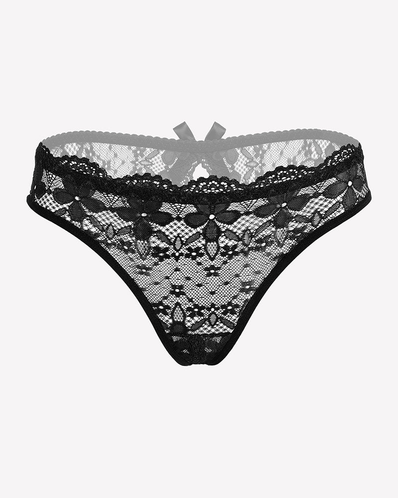 Floral lace thong with black scalloped edges and lace bow at center, sheer black