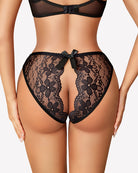 Floral lace briefs with hollow-out back and black bow, dark lace with scalloped edges