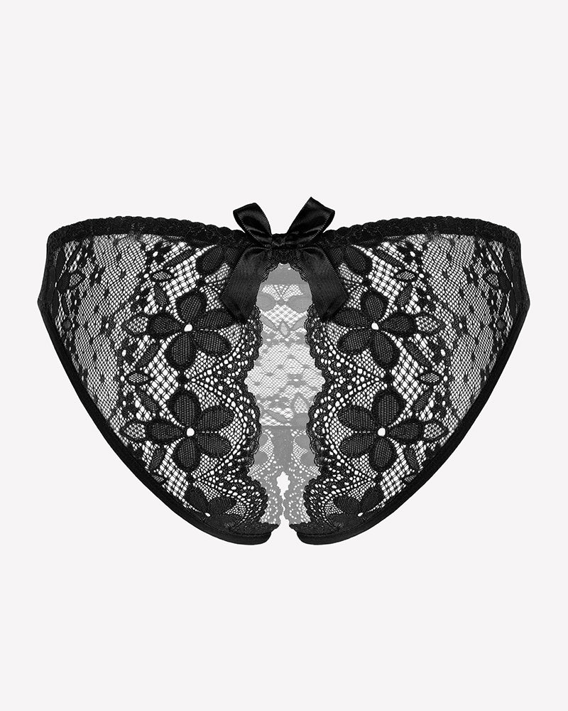 Floral lace briefs with hollow-out back and center bow, sheer black floral lace panels
