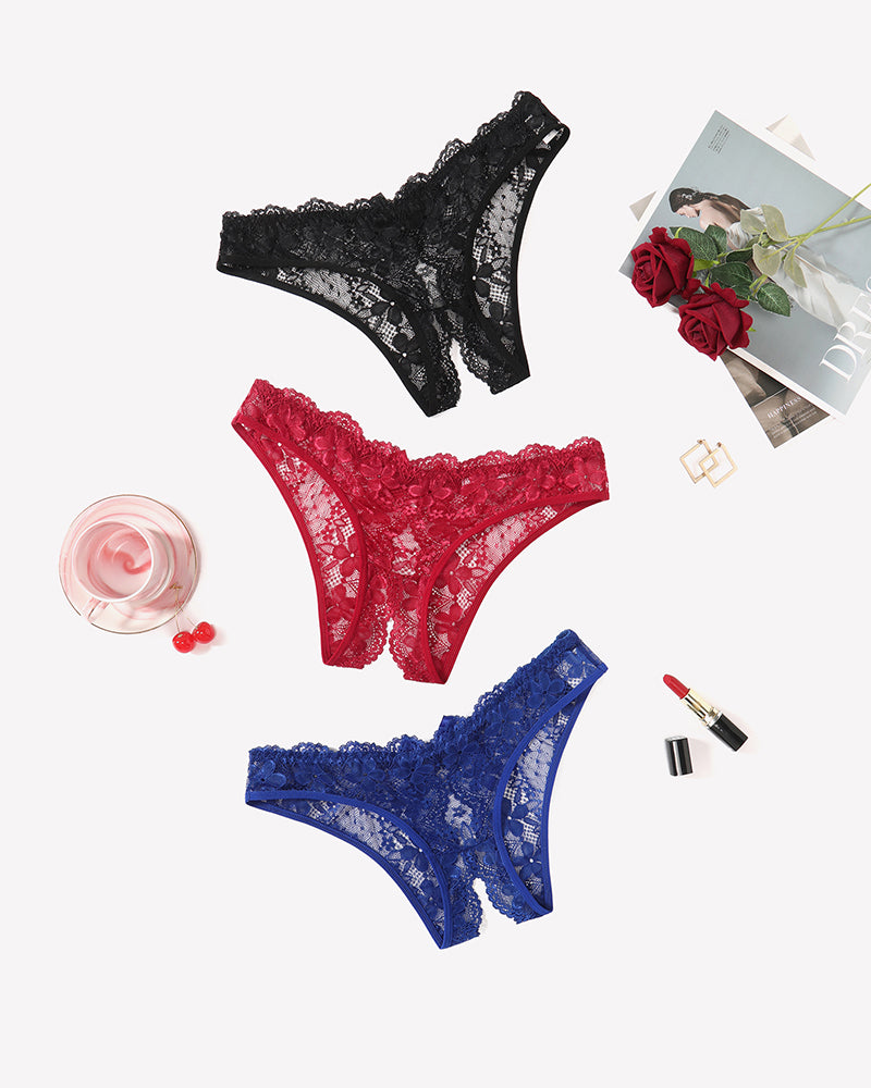 Set of floral lace briefs in black, red, and blue with bow and cutout details