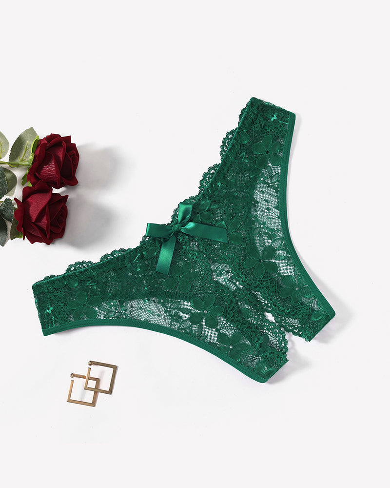 Green floral lace briefs with center bow and scalloped lace trim