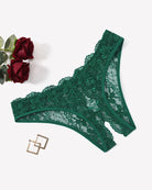 Green floral lace thong-style briefs with center bow and scalloped lace edges
