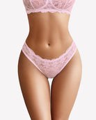 Pink floral lace briefs with scalloped edges and sheer lace front panel
