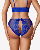 Blue floral lace high-cut briefs with scalloped edges and center bow at back