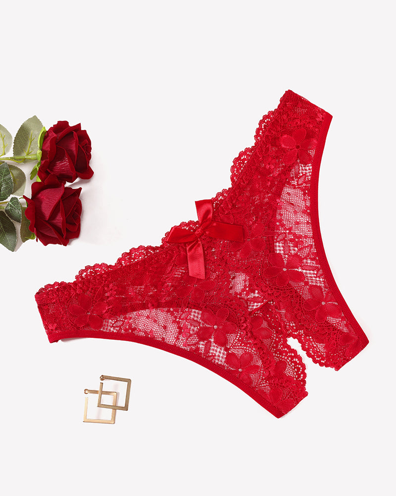 Red floral lace briefs with hollow-out center and satin bow detail