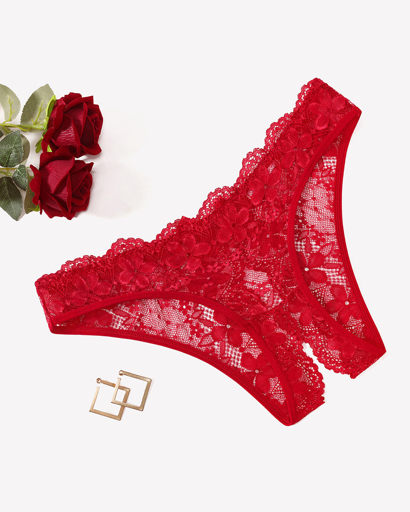 Red floral lace briefs with hollow-out front and satin bow at back