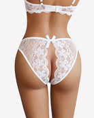 White floral lace briefs with hollow-out back panel and satin bow