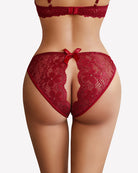 Red floral lace high-cut briefs with bow at back and scalloped trim
