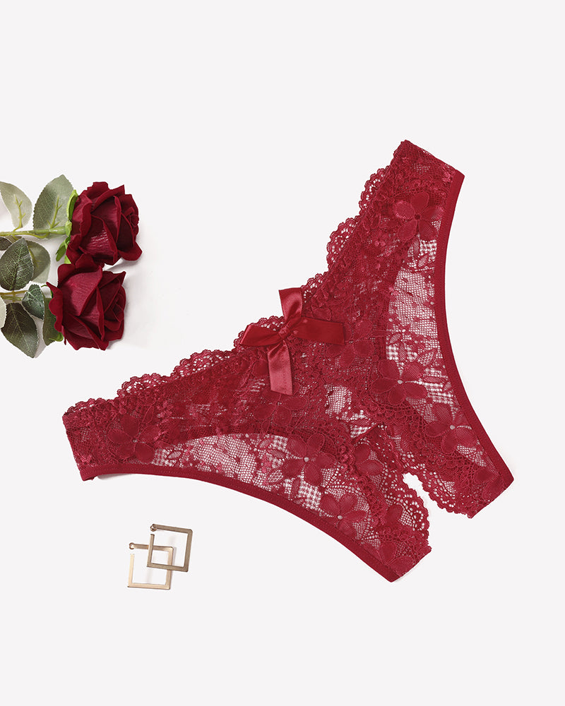 Wine red floral lace hollow-out briefs with bow accent and scalloped hem