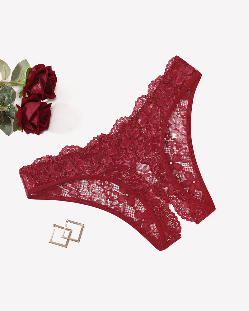 Wine red floral lace briefs with scalloped lace trim and hollow-out back