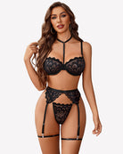 Black lace bra and panty set with garter belt, adjustable straps and thong