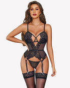 Black lace corset and panty set with garter, sheer mesh and lace straps
