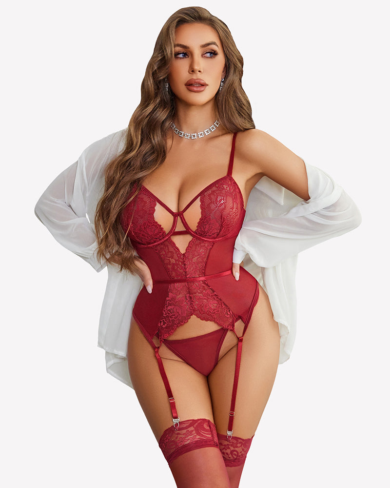 Red lace corset bodysuit with matching panty, garter straps and lace stockings