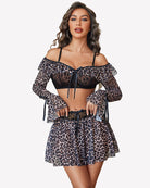 Leopard print off-shoulder lace bra set with sheer long sleeves and ruffled mini skirt