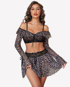 Leopard print off-shoulder lace bra set with ruffled mini skirt and tie-front details