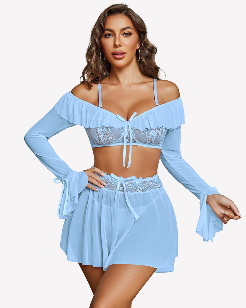 Light blue off-shoulder lace bra set with sheer long sleeves and ruffled mini skirt
