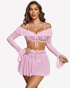 Pink off-shoulder lace lingerie set with ruffled mini skirt and sheer long sleeves