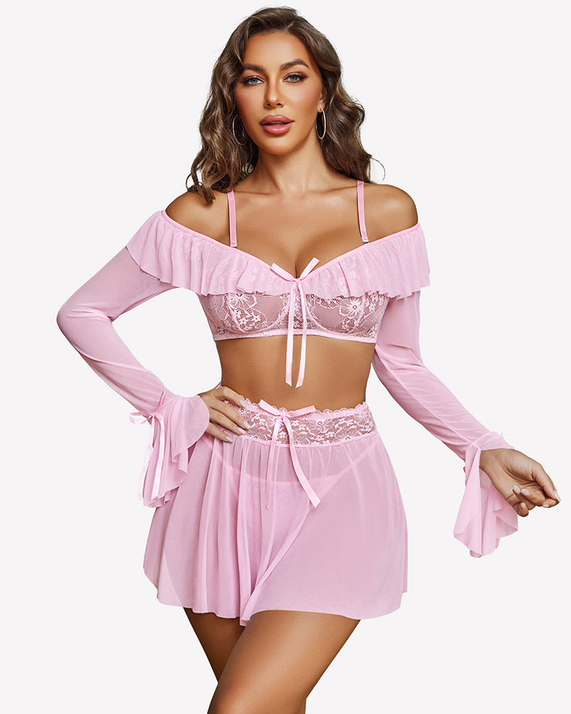 Pink off-shoulder lace lingerie set with ruffled mini skirt and sheer long sleeves