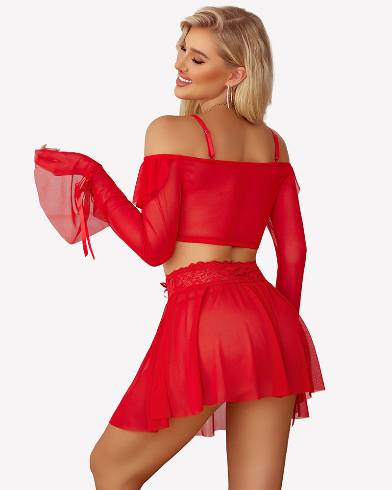 Red off-shoulder lingerie set with ruffle mini skirt and long sheer bell sleeves
