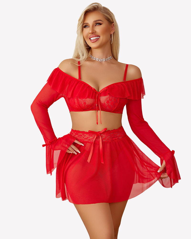 Red off-shoulder lace lingerie set with ruffle mini skirt and long flared sleeves