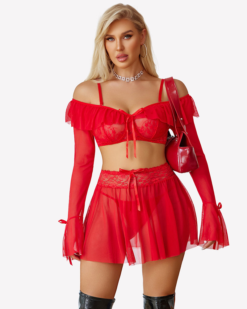 Red off-shoulder lace lingerie set with ruffle mini skirt and long sheer sleeves