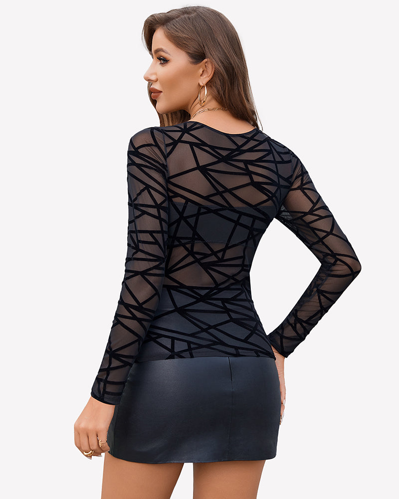 Black geometric mesh long sleeve top, crew neck, back view with fitted silhouette
