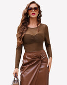 Brown mesh long-sleeve top with ruched bust and crew neck