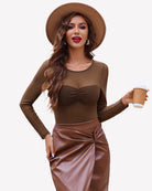 Brown mesh long-sleeve top with ruched bust
