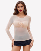 Champagne mesh long-sleeve top with ruched bust