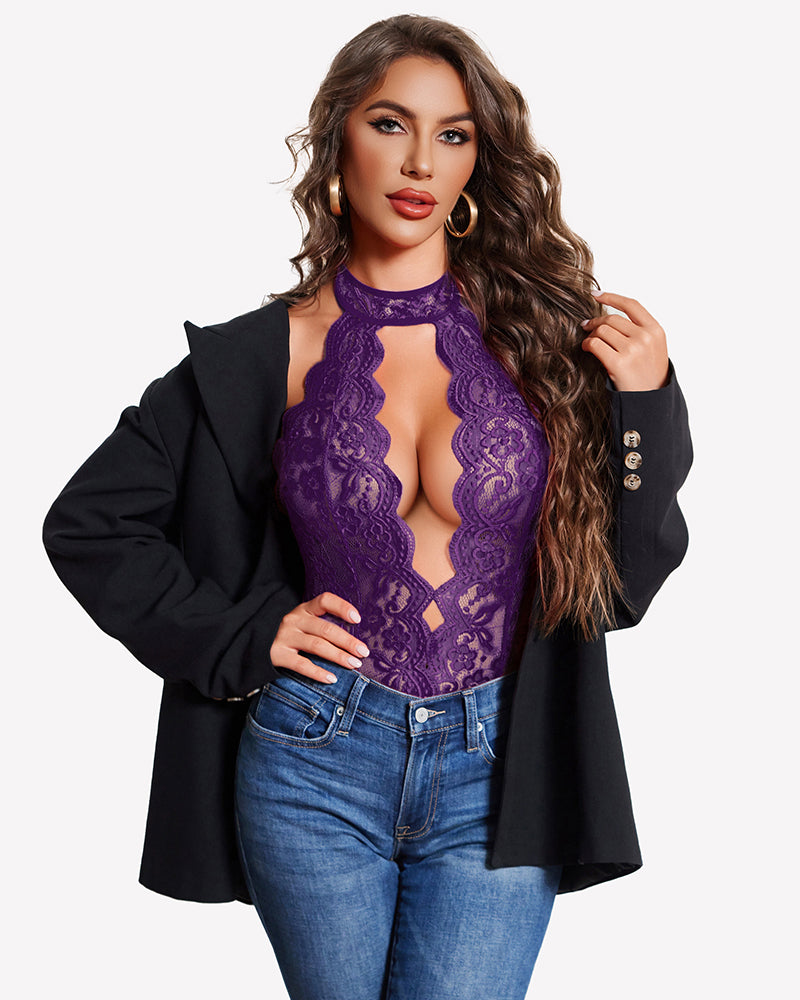 Purple lace halter bodysuit teddy with keyhole cutout and scalloped edges
