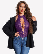 Purple lace halter bodysuit teddy with keyhole cutout and scalloped edges