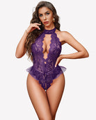 Purple lace halter bodysuit teddy with high neck, deep V front, sheer panels