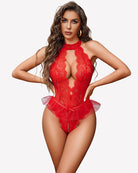 Red lace halter deep V teddy bodysuit with cutout panels and ruffled tulle