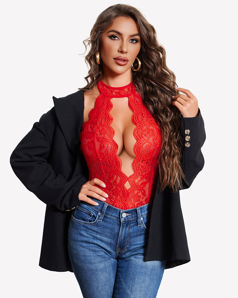 Red lace halter deep V teddy bodysuit with ornate panels and sheer ruffled trim