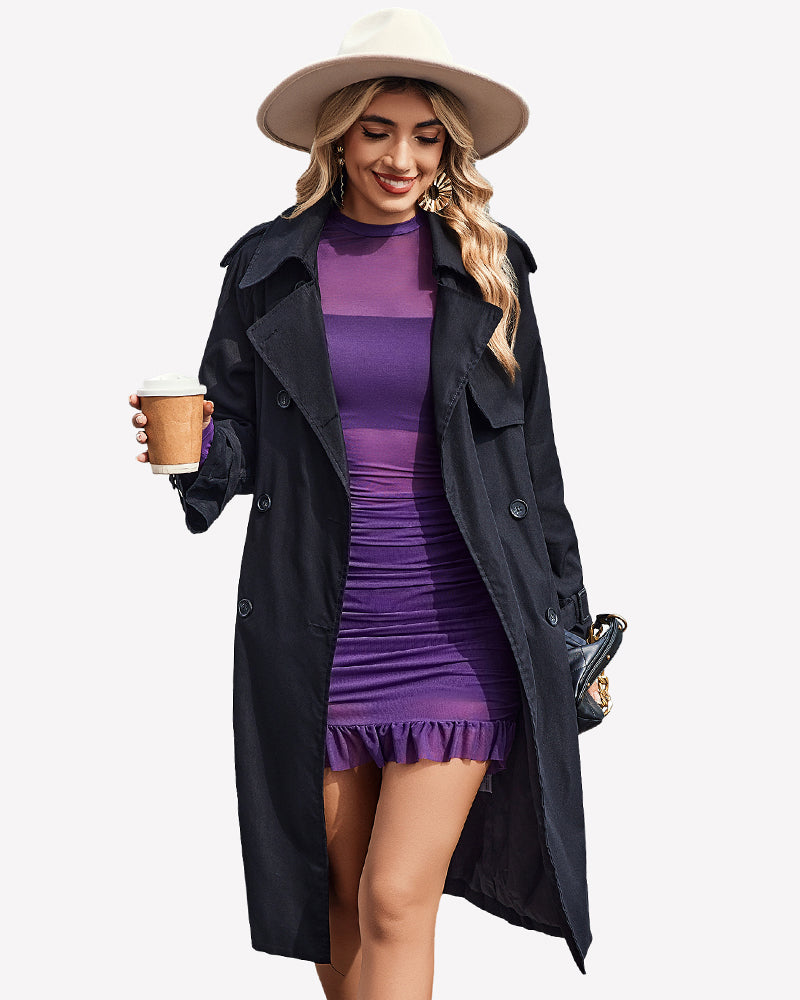 Purple sheer mesh long-sleeve mini dress with mock neck, ruched fit and ruffled hem