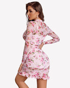 Sheer long sleeve dress in pale lilac with pink floral print, ruched waist, ruffle-trim hem
