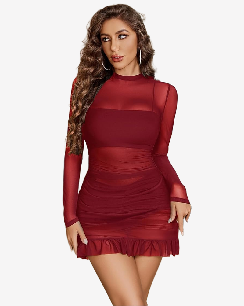 Sheer long sleeve dress in wine red with ruched waist, gathered ruffle hem