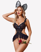 Black lace deep V bodysuit with layered ruffle skirt and adjustable straps