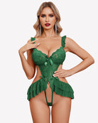 Green lace deep V bodysuit with bow detail and ruffled skirt hem