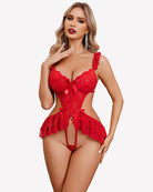 Red deep V lace bodysuit with underwire cups and bow front