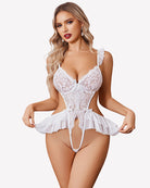 White deep V lace bodysuit with ruffled peplum and thong back