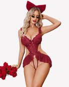 Wine-red deep V lace bodysuit with scalloped lace cups and ruffle skirt