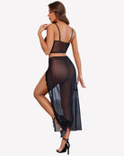 Black sheer lace nightgown set with long flowing skirt and lace waistband