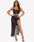 Black sheer lace nightgown set with long skirt and scalloped trim