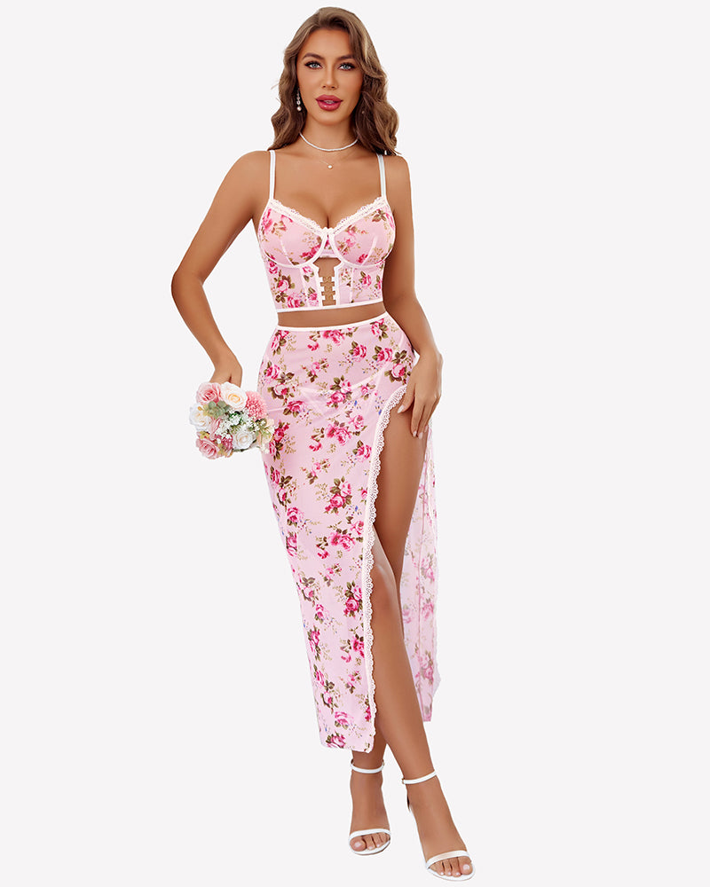 Floral lace long nightgown set in pink with spaghetti straps and side slit